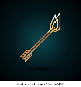 Gold line Flame arrow icon isolated on dark blue background. Hipster arrow icon.  Vector Illustration