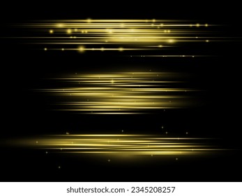 Gold line flare set, cosmic shiny sparkle collection, vector yellow lights, magic glowing dust. Abstract beam kit, orange space ray flash. Gold neon lines speed motion, laser beams with lights.