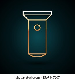 Gold line Flashlight icon isolated on dark blue background.  Vector Illustration