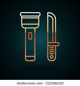 Gold line Flashlight and knife icon isolated on dark blue background.  Vector Illustration