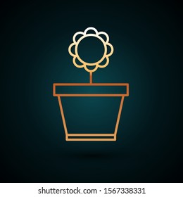 Gold line Flower in pot icon isolated on dark blue background. Plant growing in a pot. Potted plant sign.  Vector Illustration