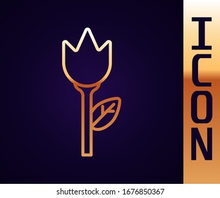 Gold line Flower tulip icon isolated on black background.  Vector Illustration