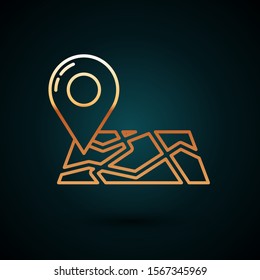 Gold line Folded map with location marker icon isolated on dark blue background.  Vector Illustration