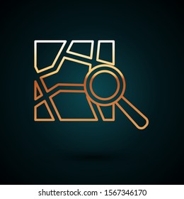 Gold line Folded map with location marker icon isolated on dark blue background.  Vector Illustration