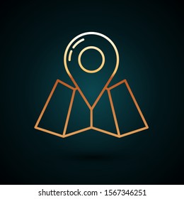 Gold line Folded map with location marker icon isolated on dark blue background.  Vector Illustration