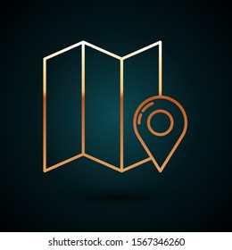 Gold line Folded map with location marker icon isolated on dark blue background.  Vector Illustration