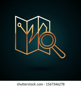 Gold line Folded map with location marker icon isolated on dark blue background.  Vector Illustration