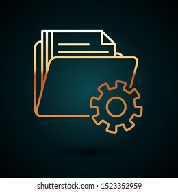 Gold line Folder settings with gears icon isolated on dark blue background. Software update, transfer protocol, teamwork tool management.  Vector Illustration