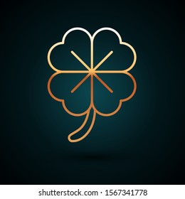 Gold line Four leaf clover icon isolated on dark blue background. Happy Saint Patrick day.  Vector Illustration