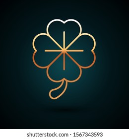 Gold line Four leaf clover icon isolated on dark blue background. Happy Saint Patrick day.  Vector Illustration