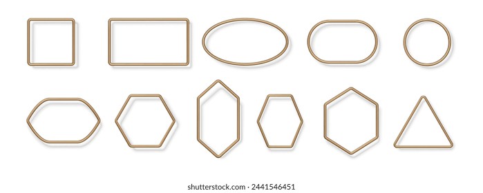 Goldene Linienrahmen mit Kopierraum. Vektor isolierte minimalistische Formen mit Schatten, Quadraten und Kreisen, Ovalen und Dreiecken. Moderne einfache geometrische Figuren, leere Formulare für Social Media oder Logo