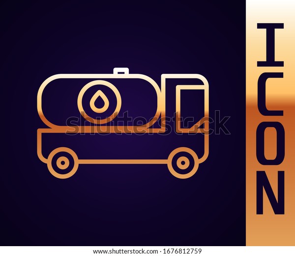 Gold line Fuel tanker truck\
icon isolated on black background. Gasoline tanker.  Vector\
Illustration