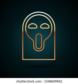 Gold line Funny and scary ghost mask for Halloween icon isolated on dark blue background. Happy Halloween party.  Vector Illustration