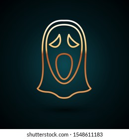 Gold line Funny and scary ghost mask for Halloween icon isolated on dark blue background. Happy Halloween party.  Vector Illustration