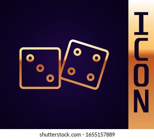 Gold line Game dice icon isolated on black background. Casino gambling.  Vector Illustration