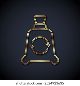 Gold line Garbage bag with recycle symbol icon isolated on black background. Trash can icon. Recycle basket sign.  Vector