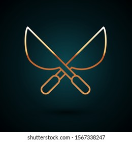 Gold line Gardening handmade scissors for trimming icon isolated on dark blue background. Pruning shears with wooden handles.  Vector Illustration