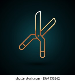 Gold line Gardening handmade scissors for trimming icon isolated on dark blue background. Pruning shears with wooden handles.  Vector Illustration