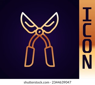 Gold line Gardening handmade scissors for trimming icon isolated on black background. Pruning shears with wooden handles.  Vector