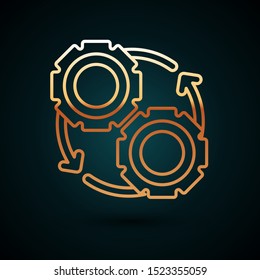Gold line Gear and arrows as workflow process concept icon isolated on dark blue background. Gear reload sign.  Vector Illustration