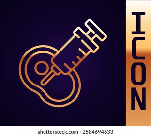 Gold line Genetically modified meat icon isolated on black background. Syringe being injected to meat.  Vector