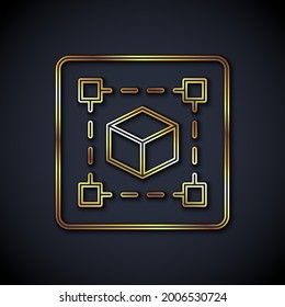 Gold line Geometric figure Cube icon isolated on black background. Abstract shape. Geometric ornament.  Vector
