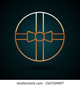 Gold line Gift box icon isolated on dark blue background. Merry Christmas and Happy New Year.  Vector Illustration