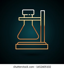Gold line Glass test tube flask on stand icon isolated on dark blue background. Laboratory equipment.  Vector Illustration