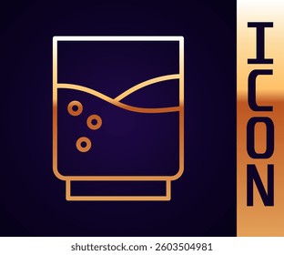 Gold line Glass with water icon isolated on black background. Soda glass.  Vector Illustration