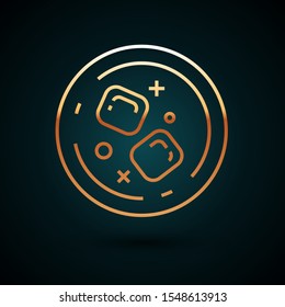 Gold line Glass of whiskey and ice cubes icon isolated on dark blue background.  Vector Illustration