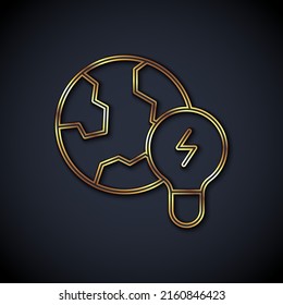 Gold line Global energy power planet with bulb icon isolated on black background. Ecology concept and environmental.  Vector