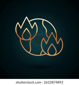 Gold line Global warming fire icon isolated on dark blue background.  Vector