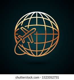 Gold line Globe with flying plane icon isolated on dark blue background. Airplane fly around the planet earth. Aircraft world icon.  Vector Illustration