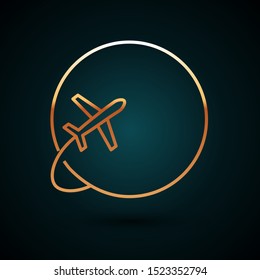 Gold line Globe with flying plane icon isolated on dark blue background. Airplane fly around the planet earth. Aircraft world icon.  Vector Illustration