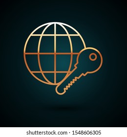 Gold line Globe key icon isolated on dark blue background.  Vector Illustration