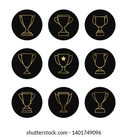 Gold line goblets vector icon of set. Illustration of collection golden linear goblet