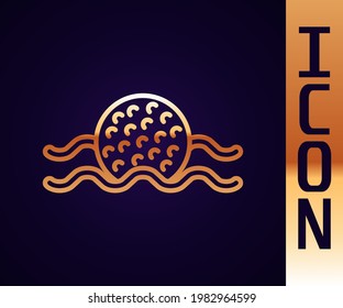 Gold line Golf ball in water icon isolated on black background.  Vector
