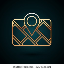Dispositivo Gps de línea dorada con icono de mapa aislado en fondo azul oscuro.  Vector