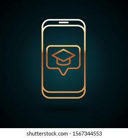 Gold line Graduation cap on screen smartphone icon isolated on dark blue background. Online learning or e-learning concept.  Vector Illustration