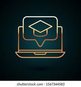 Gold line Graduation cap on screen laptop icon isolated on dark blue background. Online learning or e-learning concept.  Vector Illustration