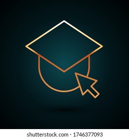 Gold line Graduation cap on globe icon isolated on dark blue background. World education symbol. Online learning or e-learning concept.  Vector Illustration