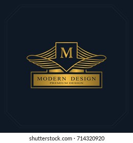 Gold Line graphics monogram. Elegant art logo design. Letter M. Graceful template. Business sign, identity for Restaurant, Royalty, Boutique, Cafe, Hotel, Heraldic, Jewelry, Fashion. Vector elements