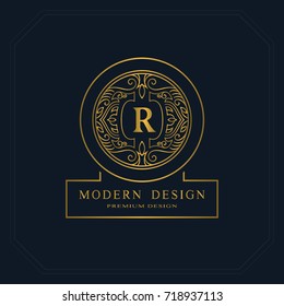 Gold Line graphics monogram. Elegant art logo design. Letter R. Graceful template. Business sign, identity for Restaurant, Royalty, Boutique, Cafe, Hotel, Heraldic, Jewelry, Fashion. Vector elements