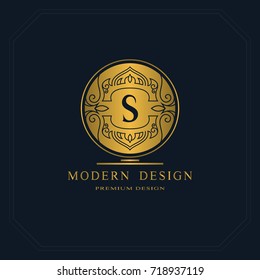 Gold Line graphics monogram. Elegant art logo design. Letter s. Graceful template. Business sign, identity for Restaurant, Royalty, Boutique, Cafe, Hotel, Heraldic, Jewelry, Fashion. Vector elements