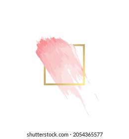Marco de rejilla de línea dorada con trazos de pincel rosa, sobre un fondo blanco. Icono. Plantilla de diseño de vectores para banner, tarjeta, portada, afiche, logotipo.