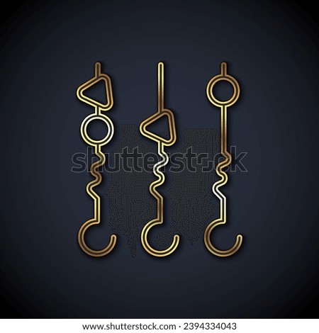 Gold line Grilled shish kebab on skewer stick icon isolated on black background. Meat kebab on skewer stick. Picnic with grilled meat.  Vector Stock foto © 