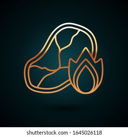 Gold line Grilled steak meat and fire flame icon isolated on dark blue background.  Vector Illustration