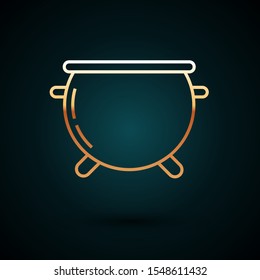Gold line Halloween witch cauldron icon isolated on dark blue background. Happy Halloween party.  Vector Illustration