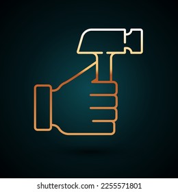 Gold line Hammer icon isolated on dark blue background. Tool for repair.  Vector
