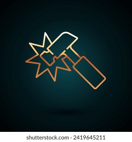Gold line Hammer icon isolated on dark blue background. Tool for repair.  Vector